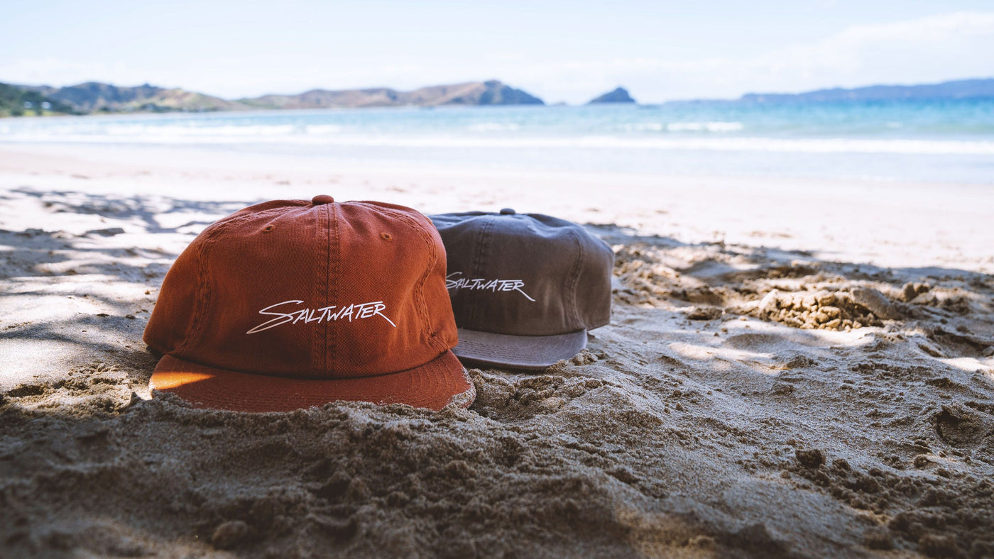 Two saltwater stick caps in the sand on the beach. In the background you recognize the landscape of the coromandel.