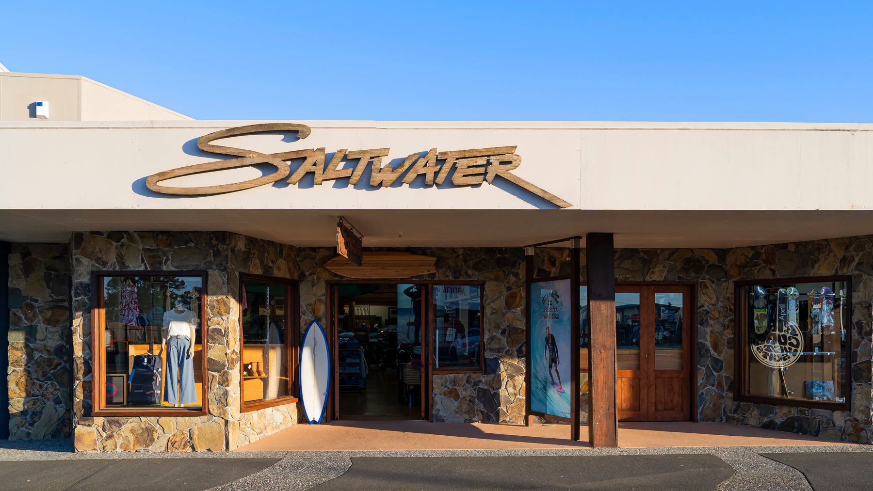 The Saltwater shop front in a beautiful sunrise light.